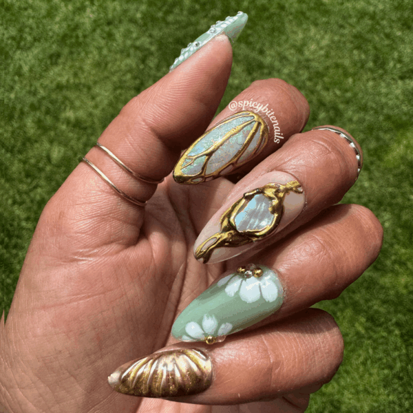 Moss and Moonlight – Sage Green and Gold Chrome Floral and Opal Elegant Press-On Nail Extensions 10pcs