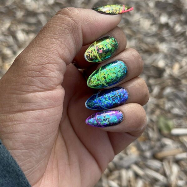 It’s a Party – Chrome Chameleon Flake and Neon French Tip Press-On Nail Extensions 10pcs