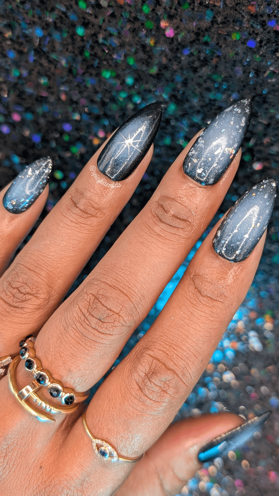 Dark and Stormy - Black and White Glittery Aura False Press-On Nail Extensions 10pcs - Image 2