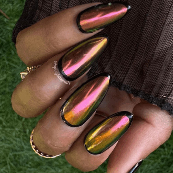 Solar Flare – Black Border Sunset Chrome Press-On Nail Extensions 10pcs