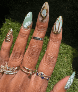 Moss and Moonlight – Sage Green and Gold Chrome Floral and Opal Elegant Press-On Nail Extensions 10pcs