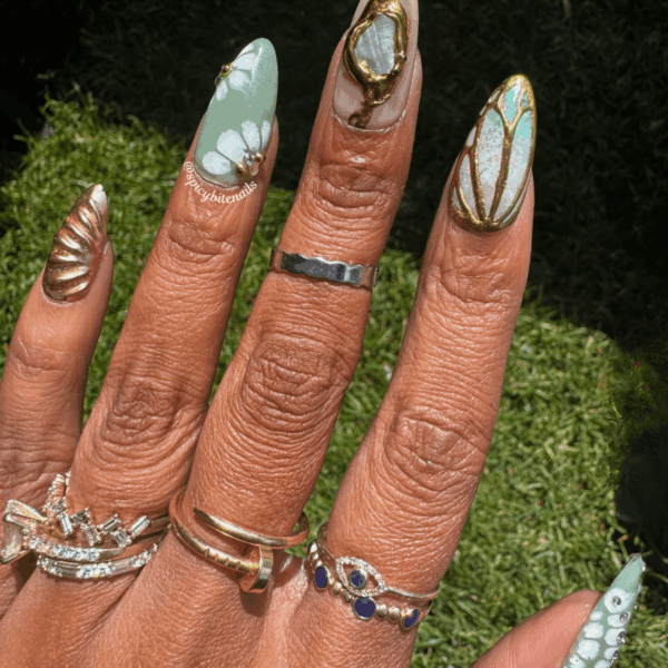 Moss and Moonlight – Sage Green and Gold Chrome Floral and Opal Elegant Press-On Nail Extensions 10pcs