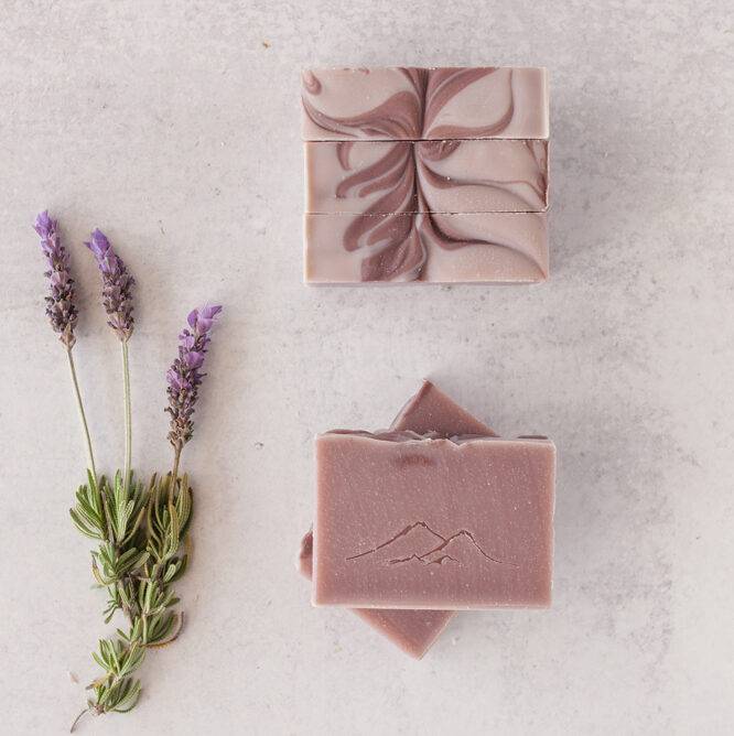 French lavender handmade essential oil soap on neutral background