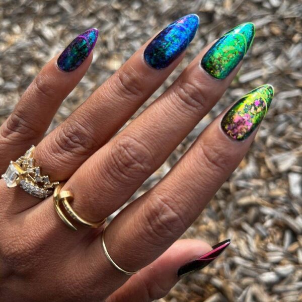 It’s a Party – Chrome Chameleon Flake and Neon French Tip Press-On Nail Extensions 10pcs