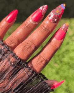 Cazuela de Barro - Brick Red 3D Flower and Gold Chrome Mexican False Press-On Nail Extensions 10pcs