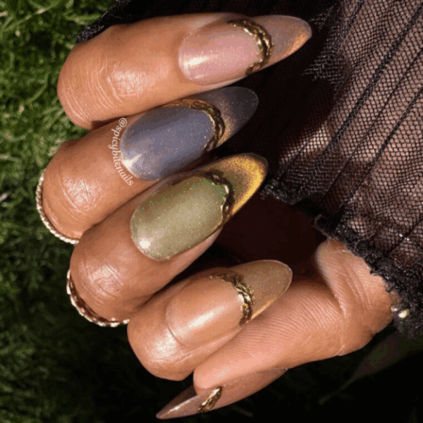 Golden Eclipse – Muted Rainbow Cat-Eye Gold Chrome French Tip Skittles Press-On Nail Extensions 10pcs