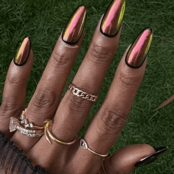 Solar Flare – Black Border Sunset Chrome Press-On Nail Extensions 10pcs