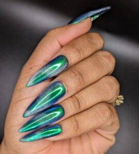 Green Goblin - Blue-Green Chrome Holographic Cat-Eye Press-On Nail Extensions 10pcs