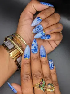 Talavera - Blue Cat Eye and Blue Chrome Mexican Tile Inspired Press-On Nail Extensions 10pcs