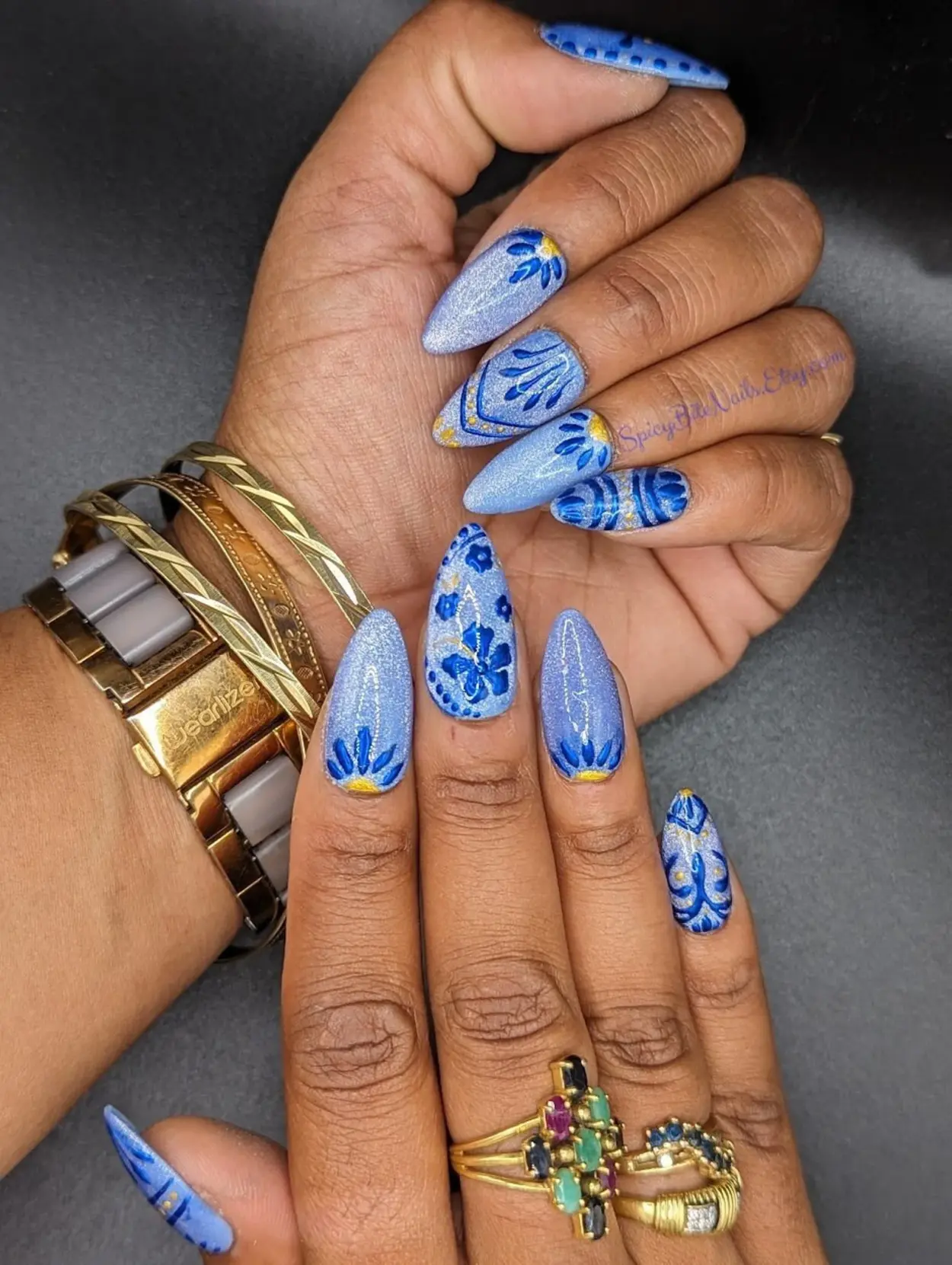 Talavera - Blue Cat Eye and Blue Chrome Mexican Tile Inspired Press-On Nail Extensions 10pcs