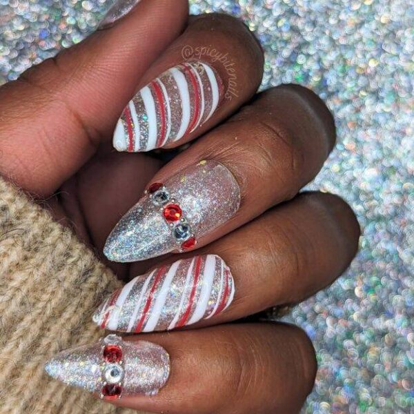 Candy Cane Road – Red and Silver Sparkly False Press-On Nail Extensions 10pcs
