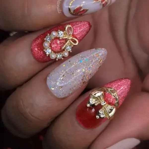 Claus & Effect – Red and Gold Magnetic Cat Eye Christmas Glitter False Press-On Nail Extensions 10pcs