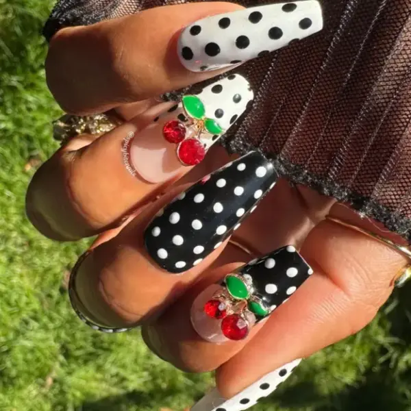 Cherry on Top – Black and White Polka Dot and Cherry Press-On Nail Extensions 10pcs