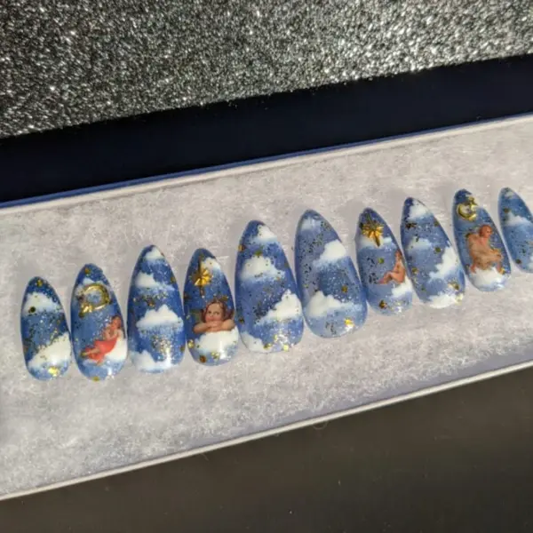 Heaven Sent – Color Changing Blue to White Angel Cupid False Press-On Nail Extensions 10pcs