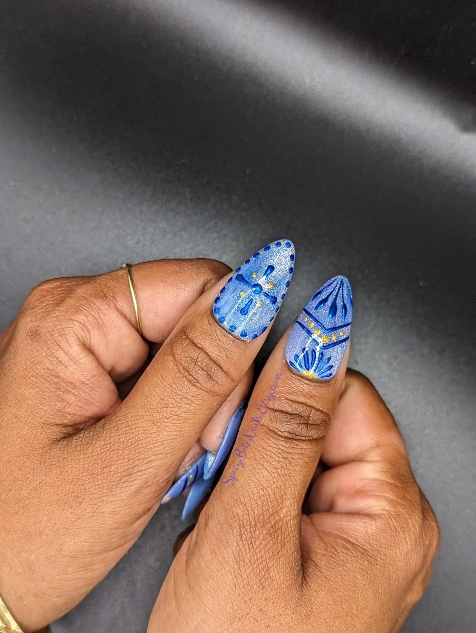 Talavera - Blue Cat Eye and Blue Chrome Mexican Tile Inspired Press-On Nail Extensions 10pcs - Image 3