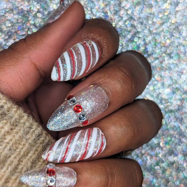 Candy Cane Road – Red and Silver Sparkly False Press-On Nail Extensions 10pcs