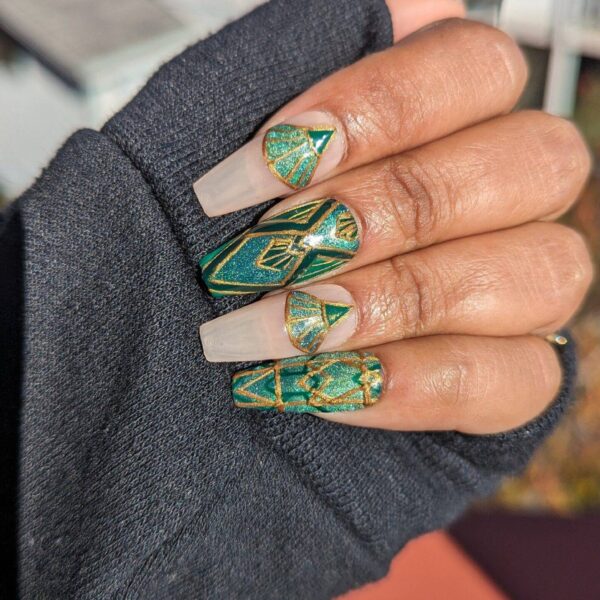 Great Gatsby – Green and Gold Art Deco Cat-Eye False Press-On Nail Extensions 10pcs