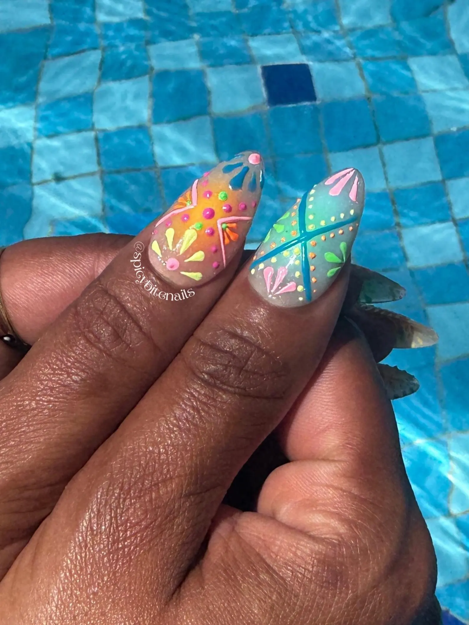 Flor y Fiesta - Mexican Folk Art Inspired Airbrush Rainbow Press-On Nail Extensions 10pcs - Image 4