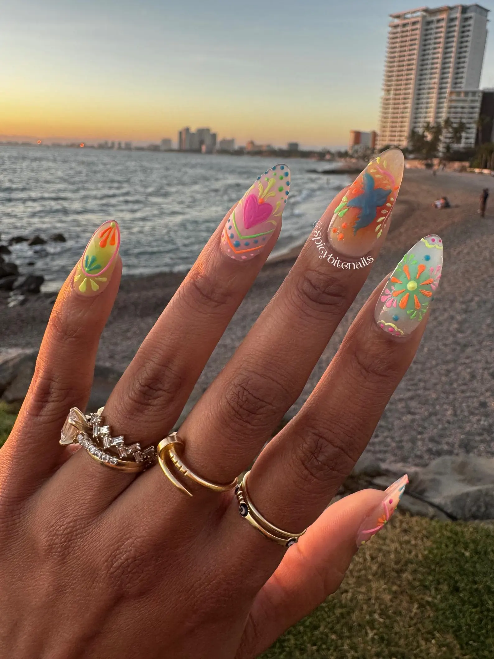 Flor y Fiesta - Mexican Folk Art Inspired Airbrush Rainbow Press-On Nail Extensions 10pcs - Image 3