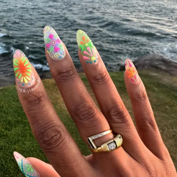 Flor y Fiesta – Mexican Folk Art Inspired Airbrush Rainbow Press-On Nail Extensions 10pcs