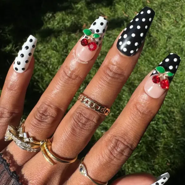 Cherry on Top – Black and White Polka Dot and Cherry Press-On Nail Extensions 10pcs