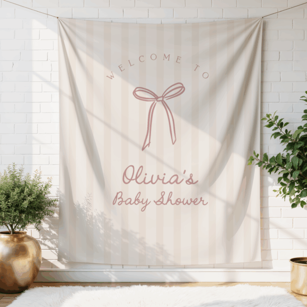 Bow Baby Shower Backdrop | Pale Pink Beige Striped Banner