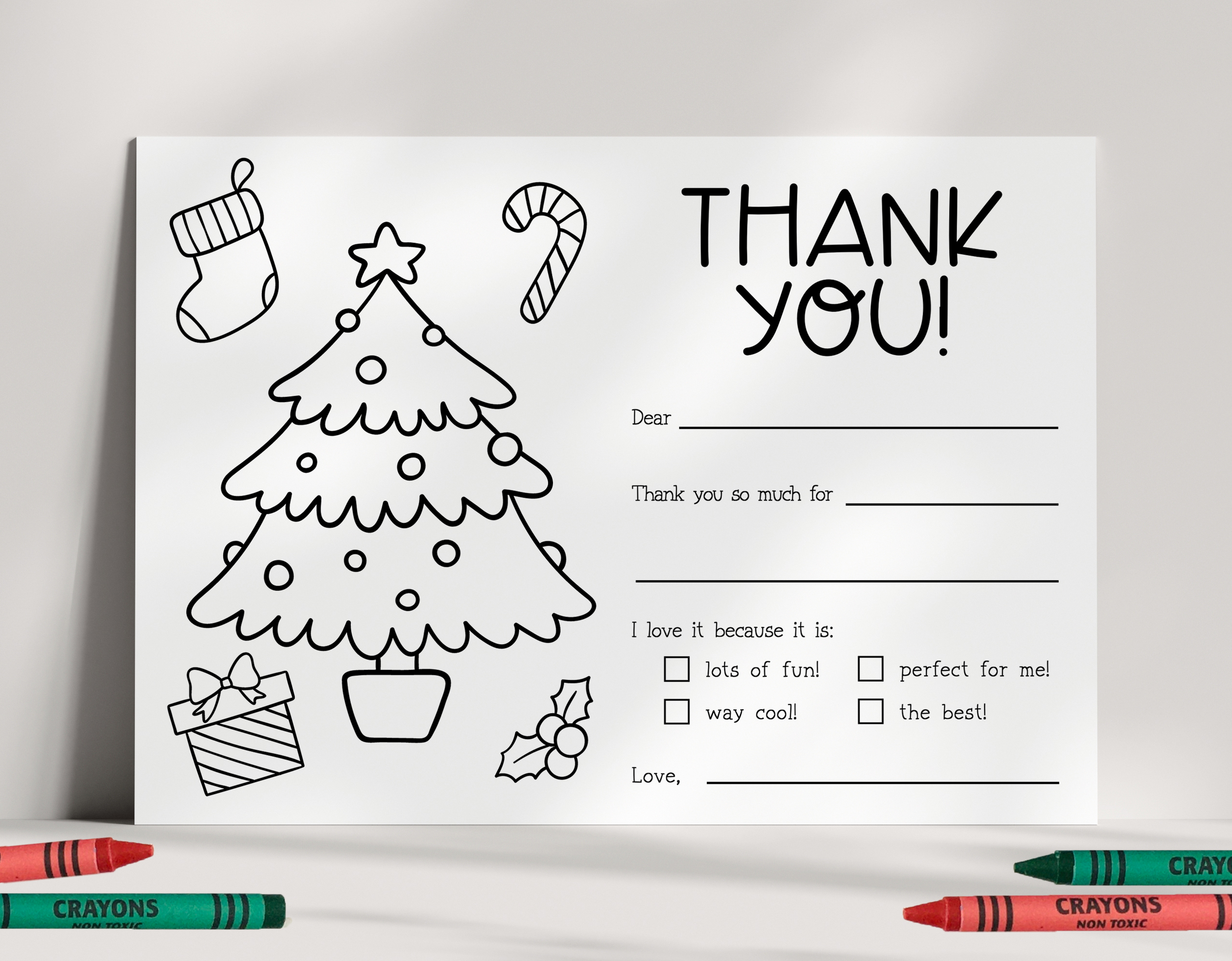 kids christmas thank you card printable. coloring page and fill in blank - instant download.