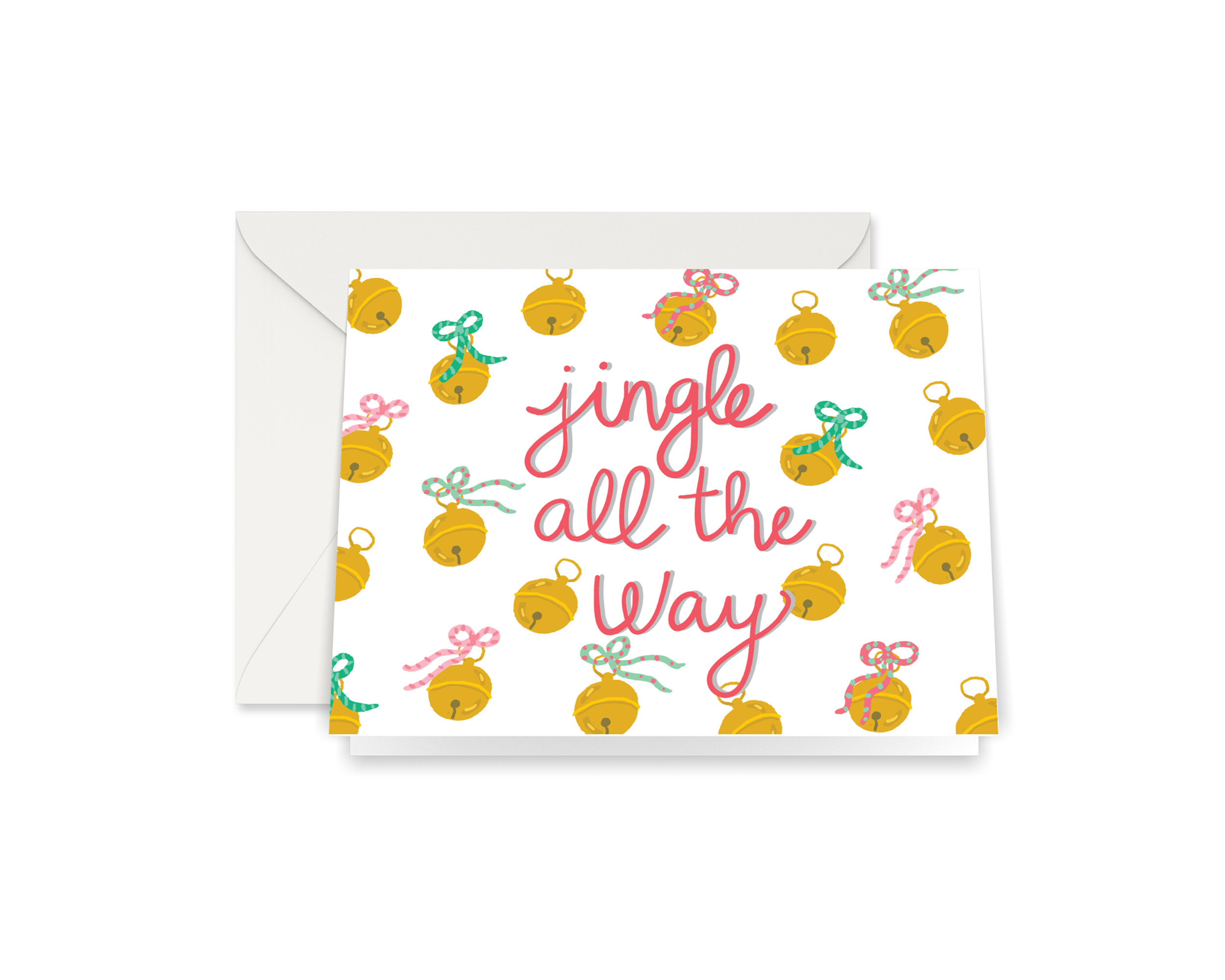 Our card features our illustrated jingle bells tied with holiday bows on a white background. The words “Jingle All The Way” are written our signature calligraphy. Comes with a white envelope.