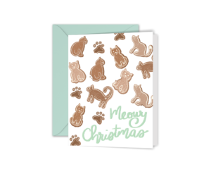 Our Meowy Christmas Gingerbread Cat Greeting card features our illustrated gingerbread cat cookies in various sizes and poses with the words “Meowy Christmas” in mint green calligraphy.