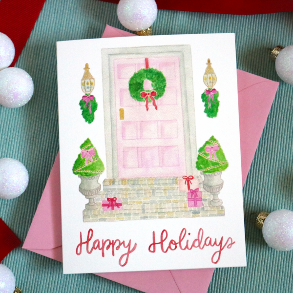 Watercolor Merry Christmas Pink Front Door Greeting Card