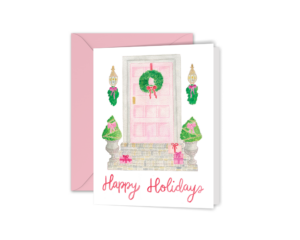 Our Watercolor Merry Christmas Pink Front Door greeting card features our watercolor painting of a festive pink front door with the words “Merry Christmas” in our signature calligraphy.