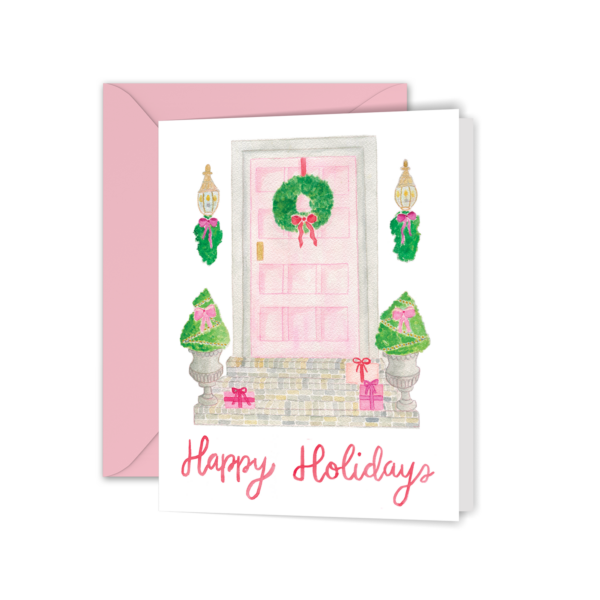 Watercolor Merry Christmas Pink Front Door Greeting Card