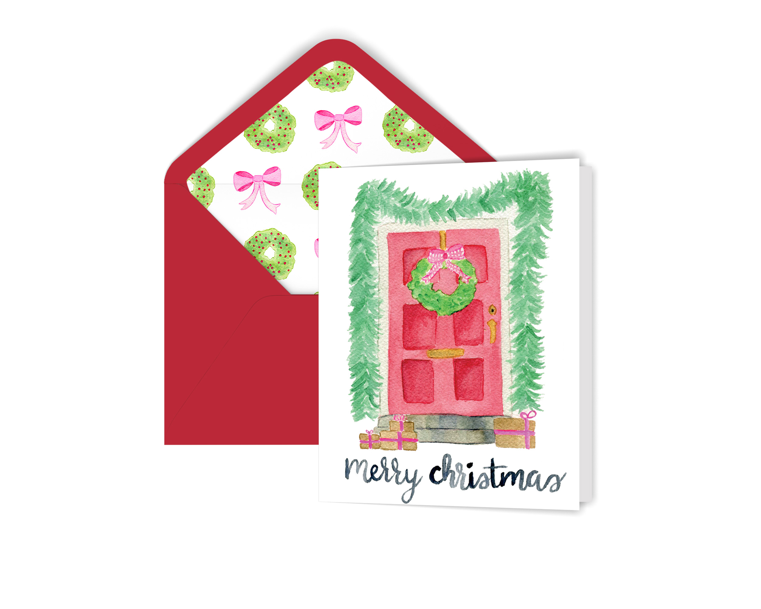 Watercolor Red Front Door Holiday Greeting Card features watercolor red front door decorated for Christams. The red envelope is lined with watercolor pattern of wreaths and pink bows.