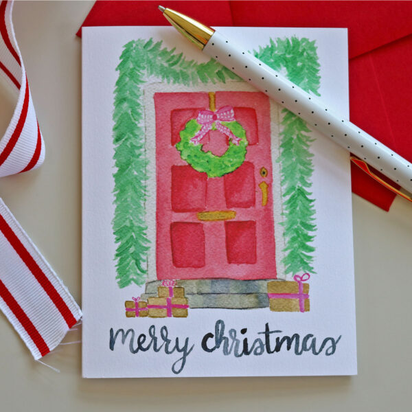 Watercolor Red Front Door Christmas Holiday Greeting Card