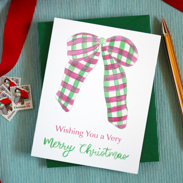 Watercolor Wishing You A Merry Christmas Plaid Bow Greeting Card