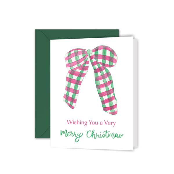 Watercolor Wishing You A Merry Christmas Plaid Bow Greeting Card