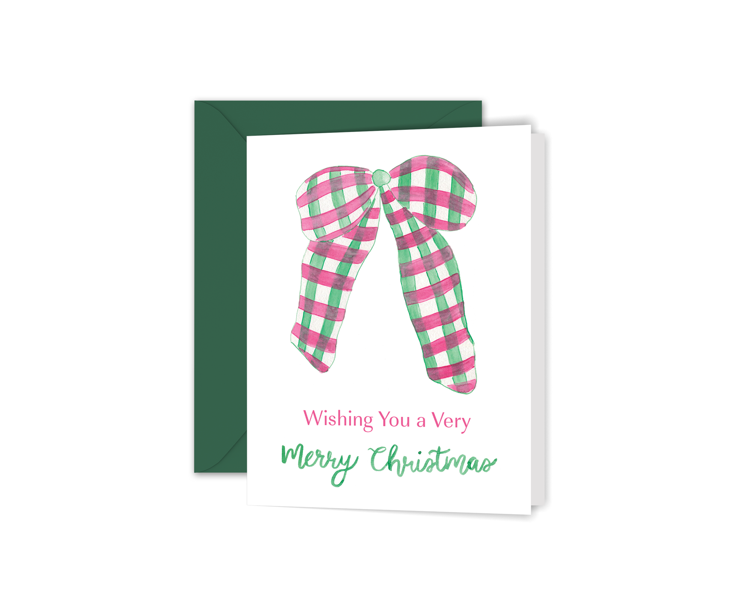 Our Watercolor Wishing You A Merry Christmas Plaid Bow Greeting Card features our watercolor red and green plaid bow with the words “Wishing You A Merry Christmas” on a white background.
