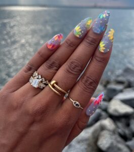 Flower Power - Color Changing Blue Flower Sequin False Press-On Nail Extensions 10pcs