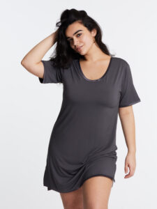 woman in The Midnightie bamboo nightie in Moonshadow (grey)