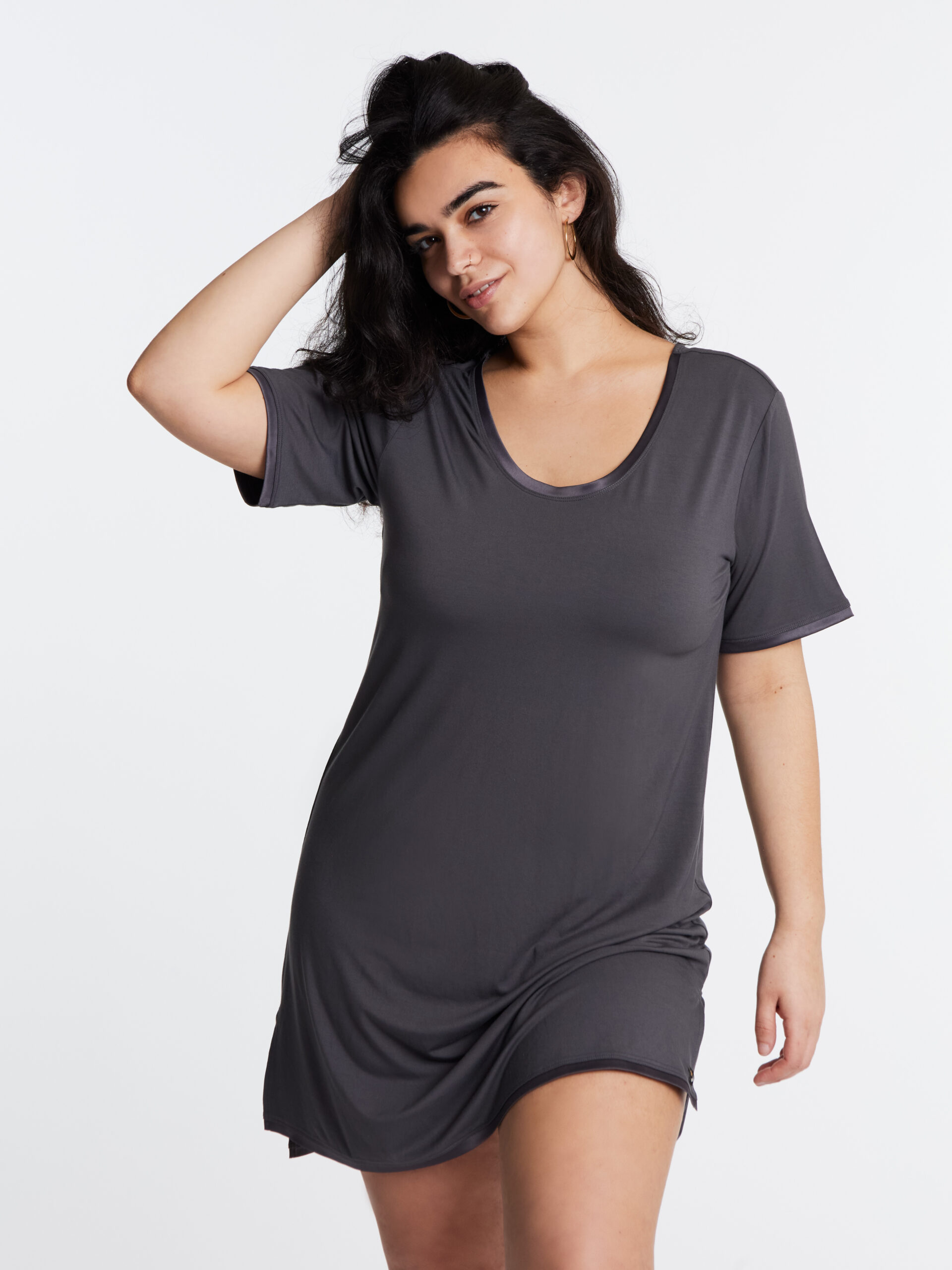 woman in The Midnightie bamboo nightie in Moonshadow (grey)