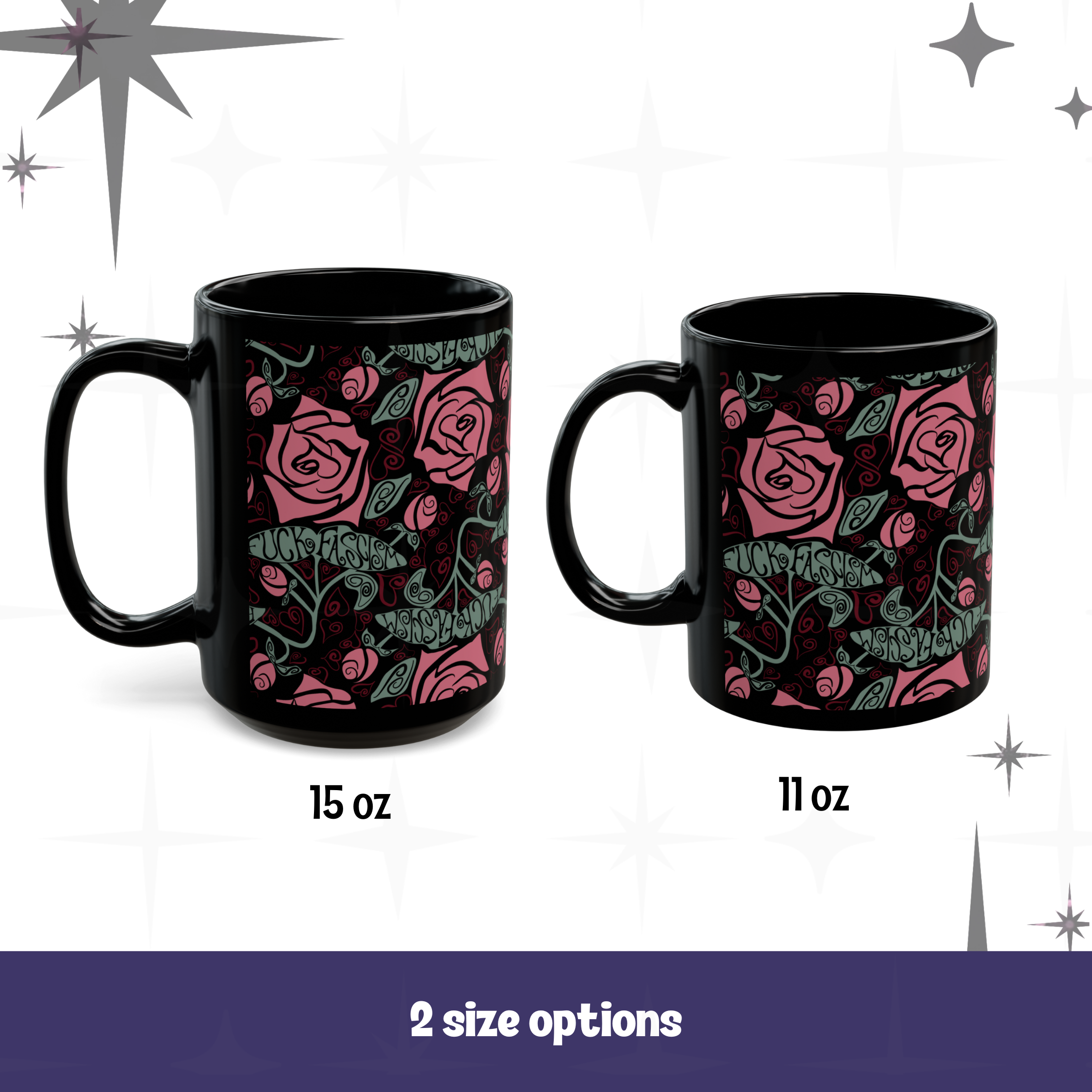 Black Ceramic Mug. Roses, Hearts, & Activism - Adult Language - Image 8