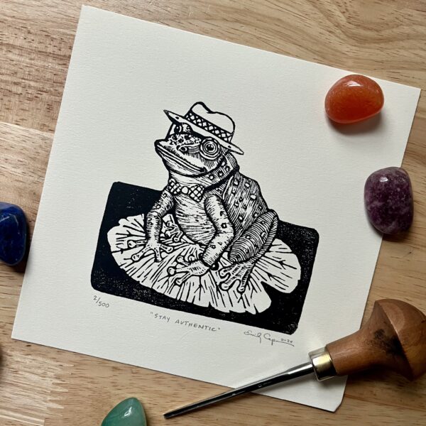 “Stay Authentic” signed edition linocut – whimsical frog print