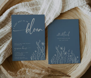 baby boy in bloom baby shower invitation blue topaz