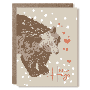 Greeting card with a brown bear illustration, hearts and text reading "bear hugs"