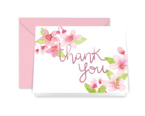 Our illustrated watercolor cherry blossom thank you card features watercolor cherry blossoms on the corners with the words thank you in pink calligraphy in the center of the card. (Copy)