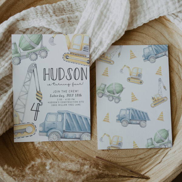 Construction Birthday Invitation – Blue Green – EDITABLE TEMPLATE