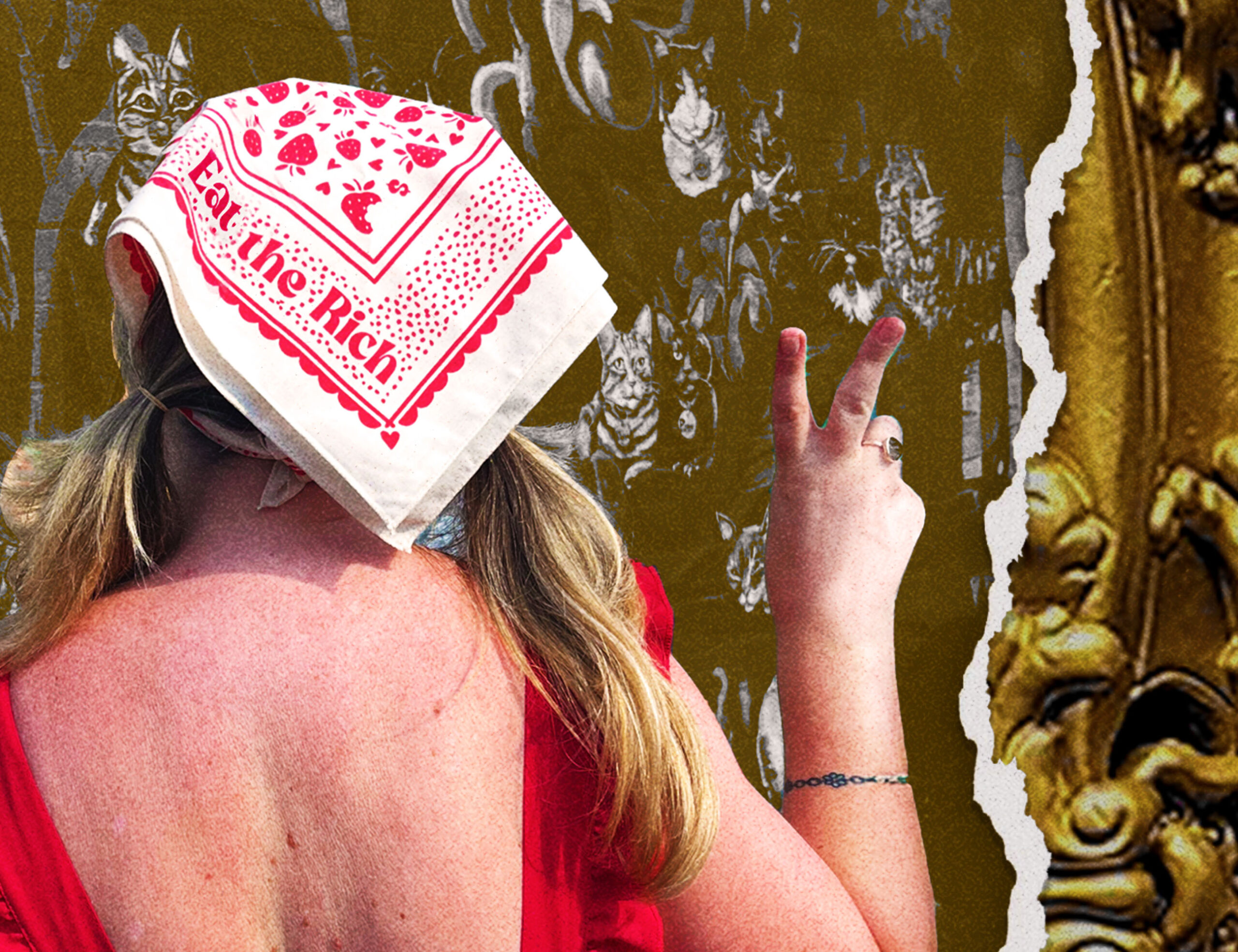 The back of a young woman in a frilly red dress wearing an Eat the Rich Sugar Camp cream bandana. She is in front of a cat mural and making a peace sign with her hand.