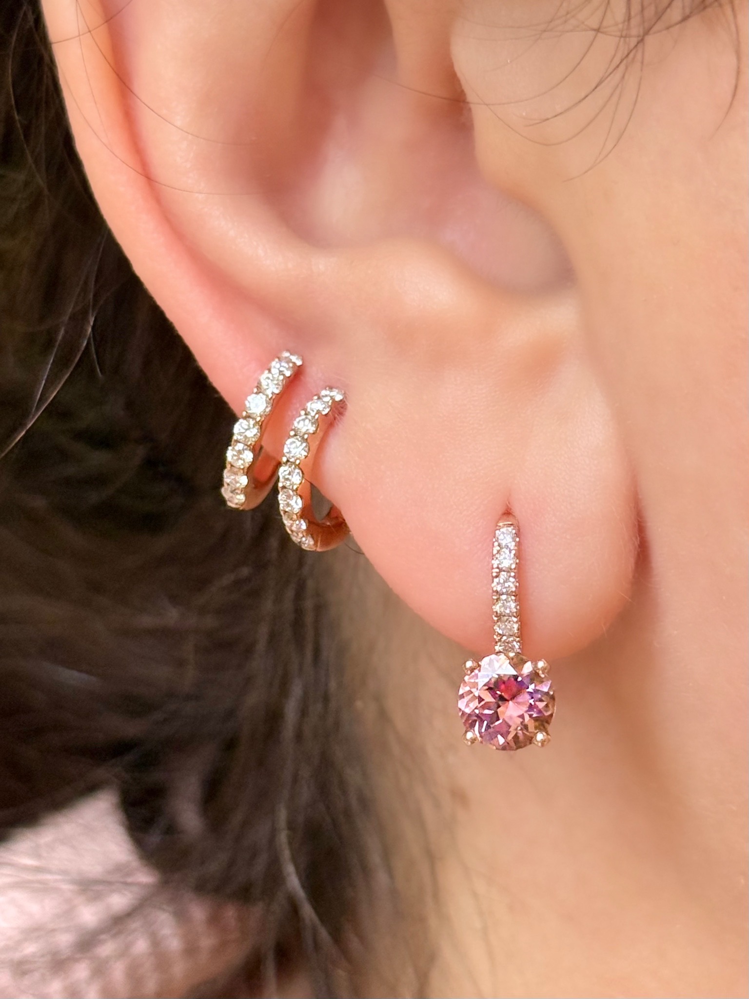 Mini Diamond Pavé Ear Wire Drop Earrings with Pink Tourmaline and Diamond - One of a Kind - Image 2