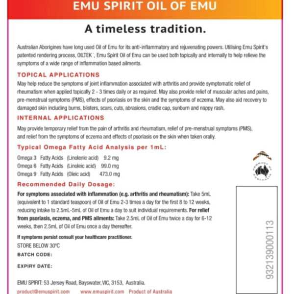 Emu Spirit Australian Emu Oil – Unrefined – 125 ml