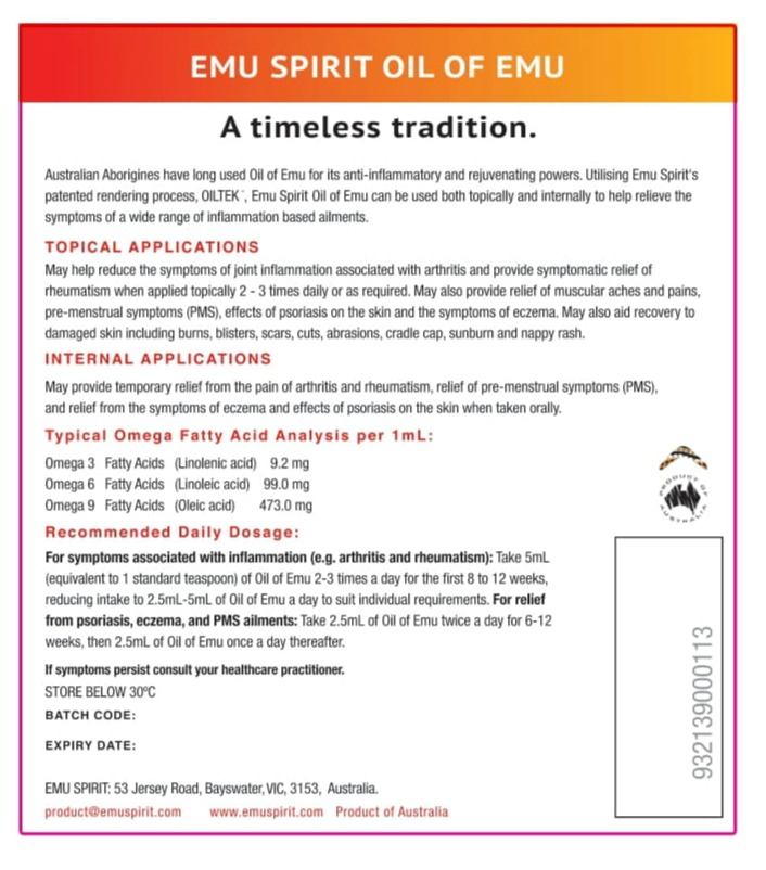 Emu Spirt Emu Oil Label